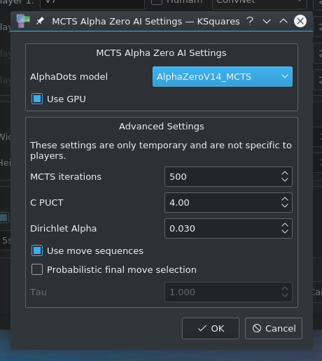 AI MCTS AlphaZero configuration dialog